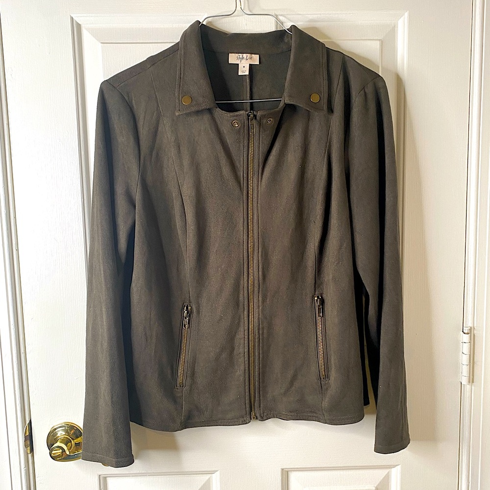 Style & Co suede brown/green zip up jacket, size medium women’s